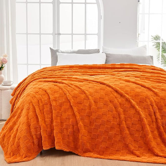 NEWCOSPLAY Super Soft Queen Blanket Orange Premium Silky Flannel Fleece 3D Checkered Lightweight Bed Blanket All Season Use (Orange Checkered, Queen(90"x90"))