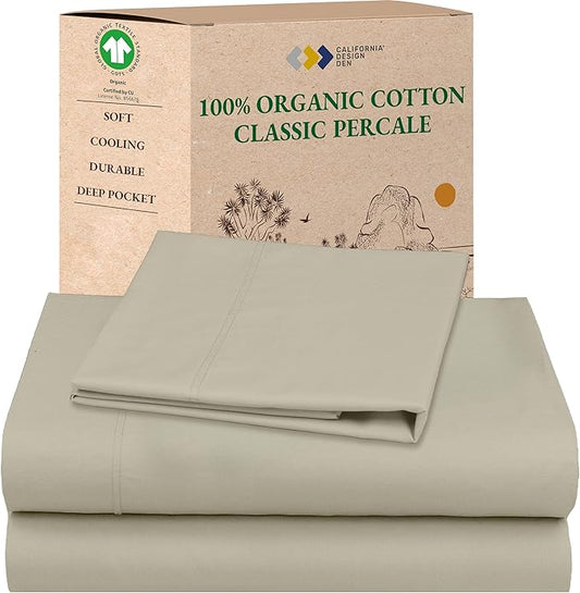 California Design Den Soft 100% Organic Cotton Sheets Twin XL Size Set - Crisp Percale Sheets with Deep Pockets, Breathable and Durable Bedding Set - Warm Taupe
