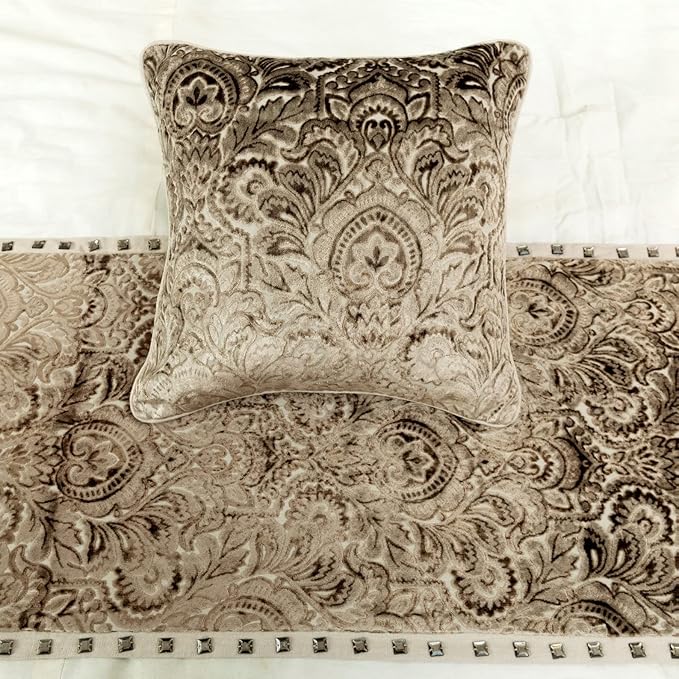 The HomeCentric King/Queen/Twin Beige Decorative Queen 74"x18" Bed Runner with Pillow Cover, Velvet Damask & Crystal Border Bed Scarf on Velvet Fabric - Henriretta