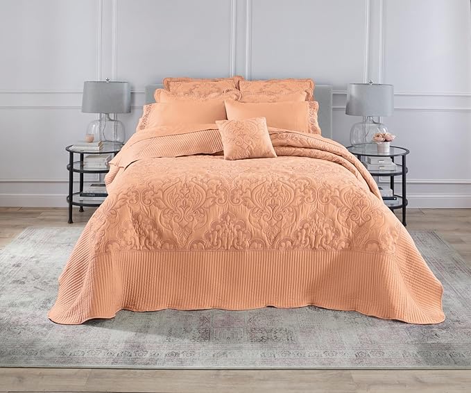 BrylaneHome Bedding Lightweight All Season Modern Amelia Quilted Damask Oversized Ultra Soft Bedspread - Queen, Peach Fuzz