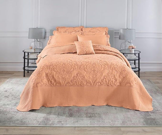 BrylaneHome Bedding Lightweight All Season Modern Amelia Quilted Damask Oversized Ultra Soft Bedspread - Queen, Peach Fuzz