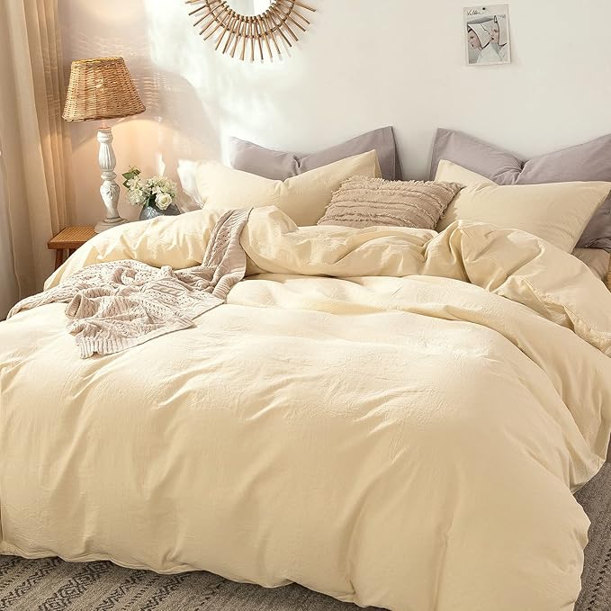 MooMee Bedding Duvet Cover Set 100% Washed Cotton Linen Like Textured Breathable Durable Soft Comfy (Heathered Light Yellow, Queen 90"x90")