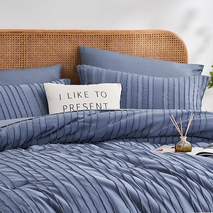 WURUIBO Comforter Set Size, Blue Comforter Set King Size, 7 Pieces Bed in a Bag, Ultra Soft Queen Bedding Set, Bed Set for All Seasons, Flat Sheet, Fitted Sheet, Pillowcases, Pillow Shams