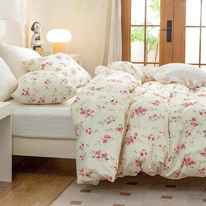 CottonLife King Size Duvet Cover, 100% Brushed Microfiber 3 Pieces King Floral Bedding Sets, Red Floral Chic Garden Style Floral Pattern Printed King Duvet Set with Zipper Closure