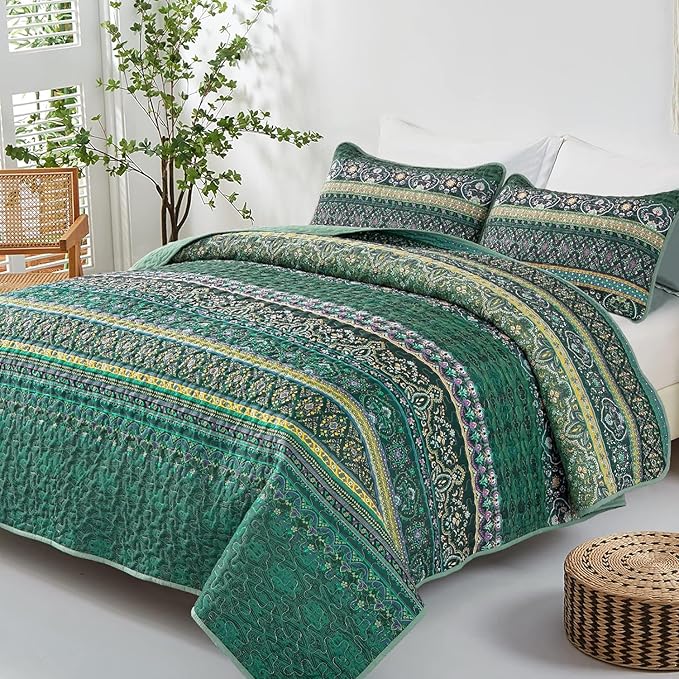 WONGS BEDDING Boho Quilt Full Size, Green Bohemian Full Quilt Set, Lightweight Microfiber Bed Decor Bedspread for All Season 78"x90"(3 Pieces)