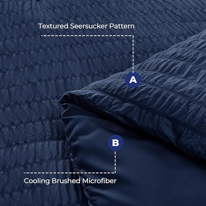 HYMOKEGE Navy Blue Twin Size Duvet Cover, Ultra Soft 2-Piece Seersucker Duvet Cover Set with Zipper Closure, Soft Brushed Microfiber Bedding Set with 8 Corner Ties (68"x90", 1 Pillowshams)