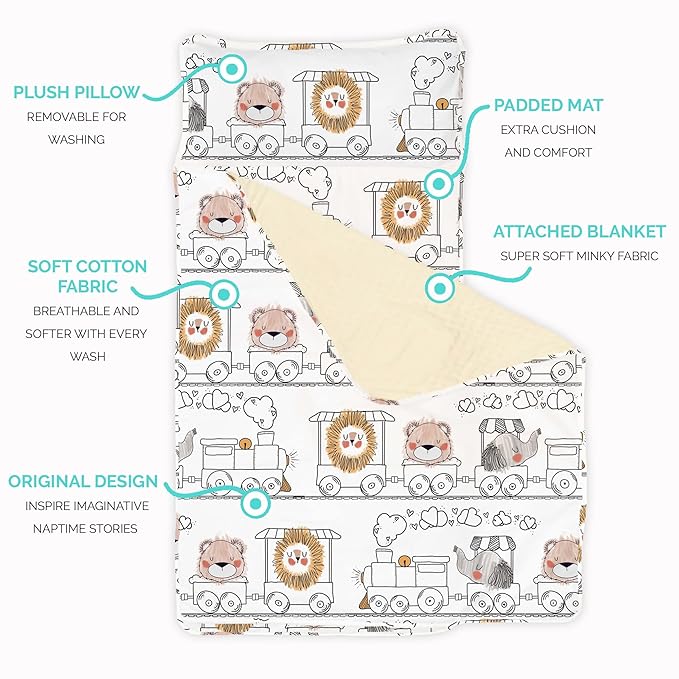 JumpOff Jo Nap Mat for Kids - Cozy Kids Rest Mat with Removable Pillow and Ultra Soft Blanket for Preschool, Daycare, and Sleepovers - Zoo Train