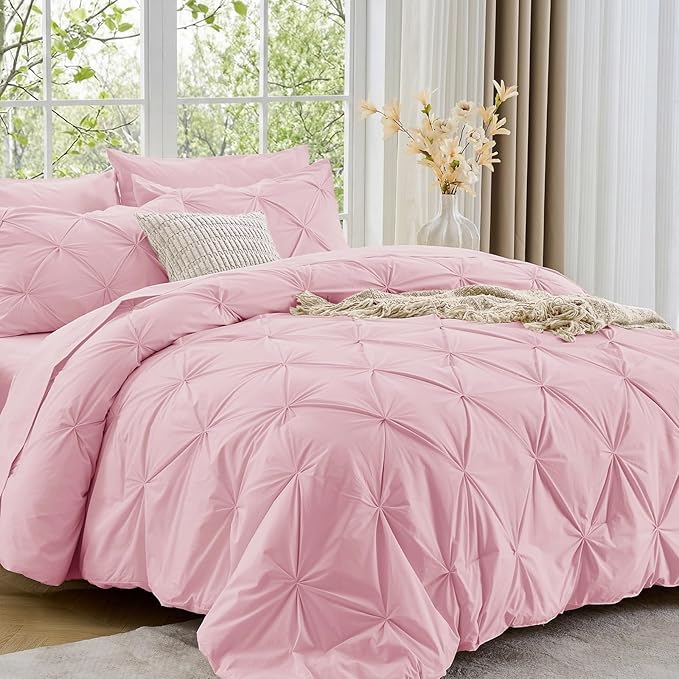 Sasttie Queen Comforter Set, 7-Piece Bed in a Bag, Pintuck Bedding Set for All Season, Includes Comforter, Flat Sheet, Fitted Sheet, Pillowcases and Pillowshams, Baby Pink