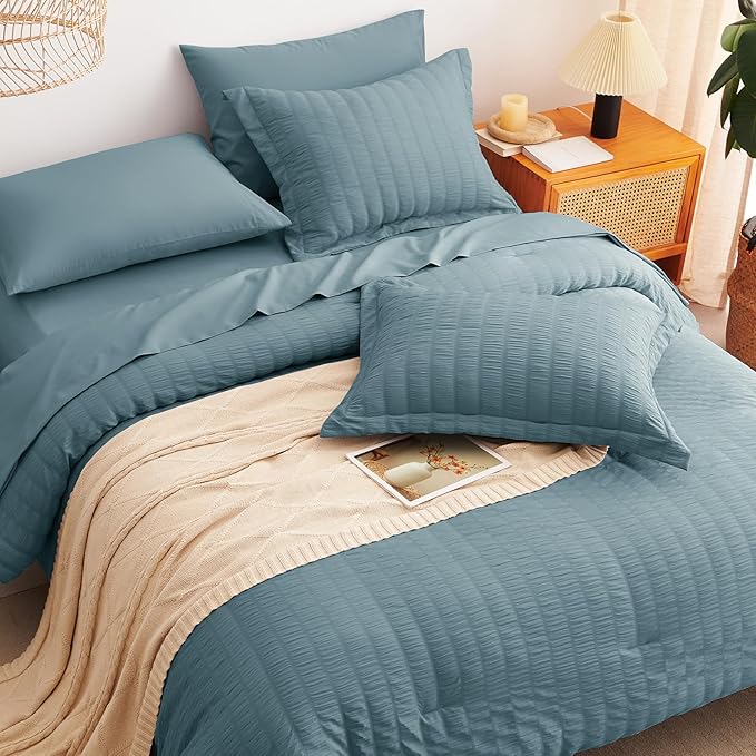 CozyLux King Size Comforter Set Mineral Blue Seersucker 7 Pieces Bed in a Bag King Comforter Set with Sheets, Luxury Bedding Set with Down Alternative Comforter, Sheets, Pillowcases & Shams All Season
