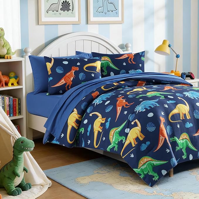 Twin Comforter Set for Boys Kids - 5 Pieces Navy Dinasour Patterns Twin Bedding Sets for Boys Teen, Soft Cozy Bed in A Bag with Sheets