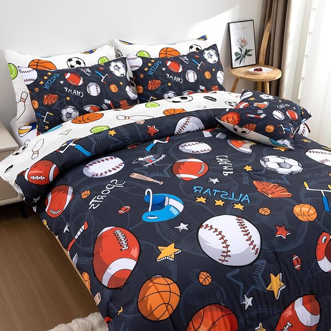A Nice Night Boys Rugby Balls Comforter Set 6-Piece Bed-in-a-Bag with Sheet Set, Twin Size Polyester Bedding Collections for Kids, Durable & Easy Care, Sports Theme Design for Boys Bedroom