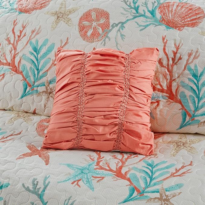 Madison Park Quilt Set Cottage Coastal Design, Starfish Print - All Season, Coverlet Bedspread Lightweight Bedding Layer, Shams, Toss Pillows, King/Cal King(104"x94"), Pebble Beach Coral 6 Piece