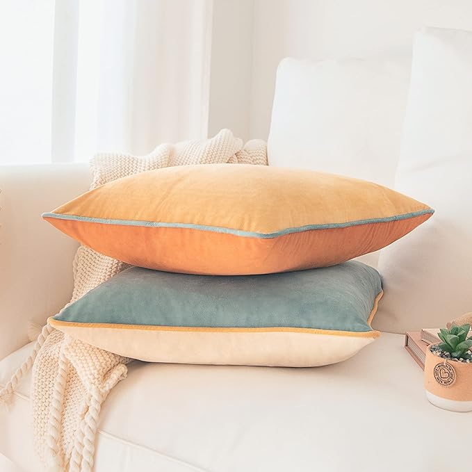 MONDAY MOOSE Decorative Throw Pillow Covers Cushion Cases, Set of 2 Soft Velvet Modern Double-Sided Designs, Mix and Match for Home Decor, Pillow Inserts Not Included (16x16 inch, Orange/Teal)