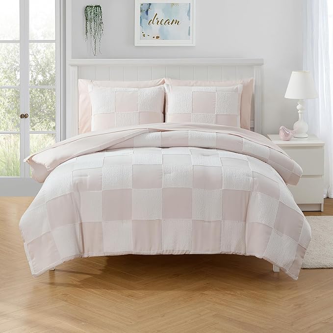 Kids Comforter Set Bedding Set Bed in a Bag for Boys and Girls Toddlers Printed Sheet Set and Comforter, Full, Chenille Checkered Blush Pink