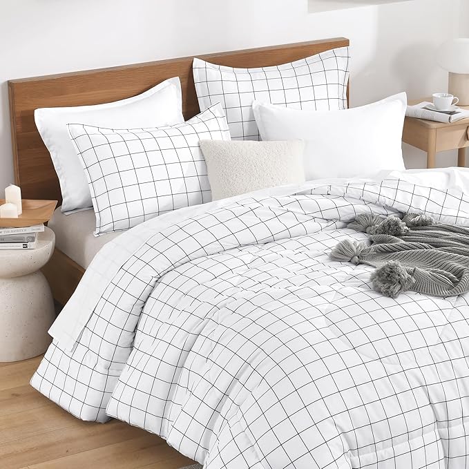 Andency Twin XL Comforter Set(68x92Inch), White Gingham Plaid Grid Checkered Bed Comforter Set for Dorm Boys Girls Kids Teens, 2 Pieces Lightweight Microfiber Geometric Bedding Set