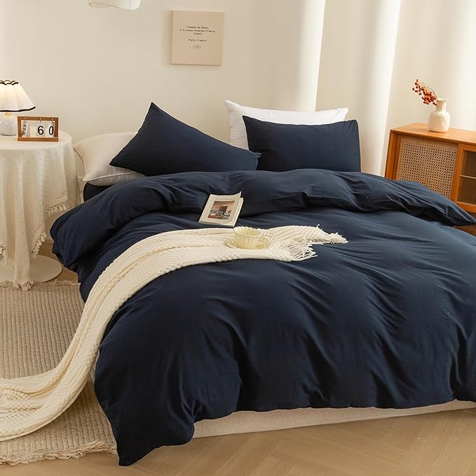 ECOCOTT Navy Blue Duvet Cover Super King Size - 100% Washed Cotton Durable Soft Comfy Bedding Set, 3 Pieces Duvet Cover with Zipper Closure (108''x98'')
