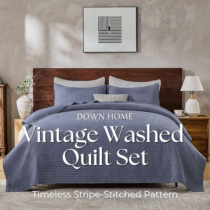 DOWN HOME Queen Quilt Bedding Set with Shams, Vintage Washed Soft Quilted Blanket Thin Comforter Lightweight Bedspread Coverlet Bed Cover, Brushed Microfiber Stripe Stitching, Vintage Denim, 86"x90"