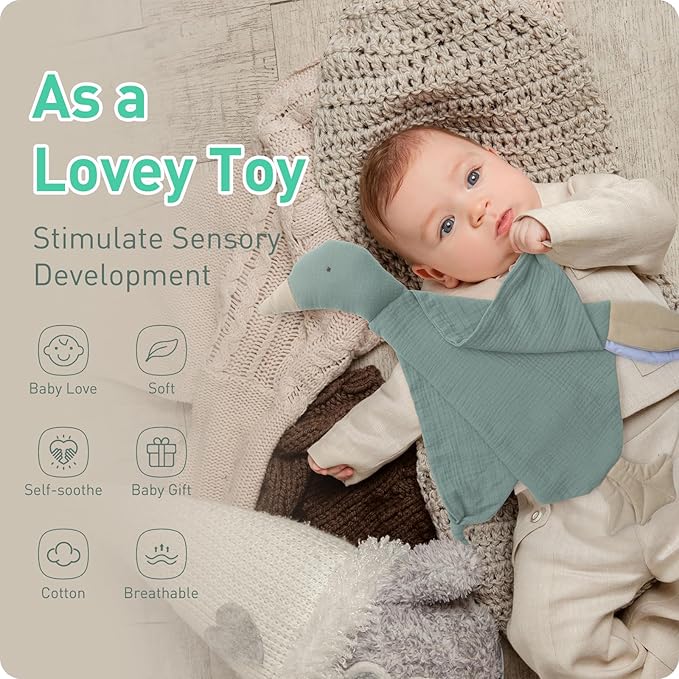 Organic Muslin Cotton Goose Loveys Soft Breathable Newborn Security Blanket with Tags, Soft for Baby Boy Girl, Neutral Muslin Fabric for Comfortable Sleep & Play, Ideal for Newborns, Toddlers