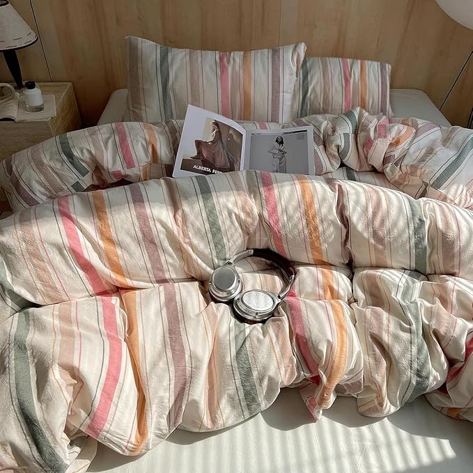 Retro Striped Duvet Cover Set Full, 100% Washed Cotton Multicolor Stripes Pattern Printed Bedding Set, Vintage Striped Comforter Cover with 2 Pillowcases, 3 Pieces Soft Breathable Duvet Cover Full