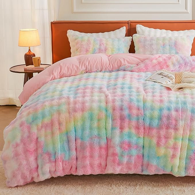 EMME Faux Fur Duvet Cover Queen Size, 3 Pieces Ultra Soft Fluffy Comforter Cover, Cozy Warm for Winter, Luxury Elegant Shaggy Bubble Design Bedding, 1 Duvet Cover & 2 Pillow Shams (Queen, Rainbow)