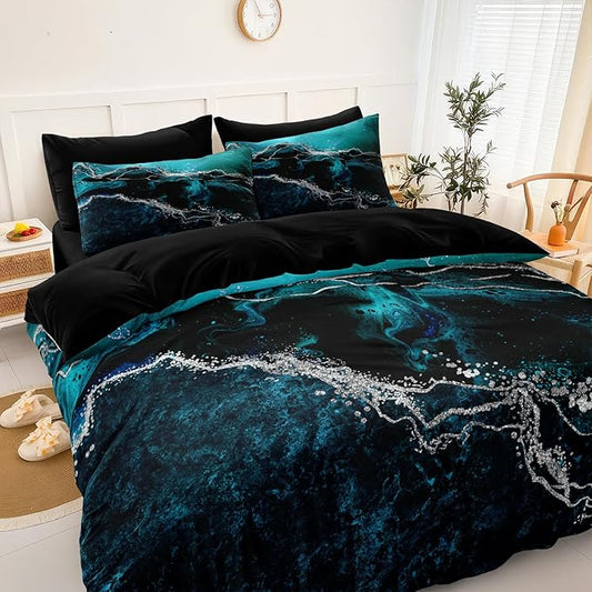 Black Marble Comforter Set 8 Pcs Turquoise Blue Bedding Set Queen Size Bed in A Bag Blue and Black Stone Texture Abstract Room Decor Black Marble Bed Comforter