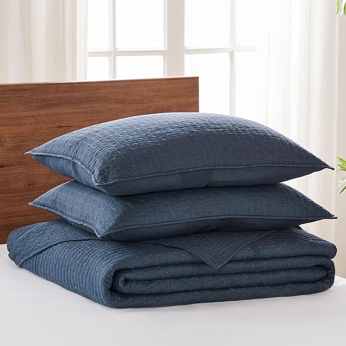 Levtex Home Cross Stitch Reversible Queen Bedspread Set (104x106in) with 2 Pillow Shams (26x20in) - Stitch Texture - Navy - Cotton Queen Size Bedspread Set - Lightweight, Soft, Pre-Washed