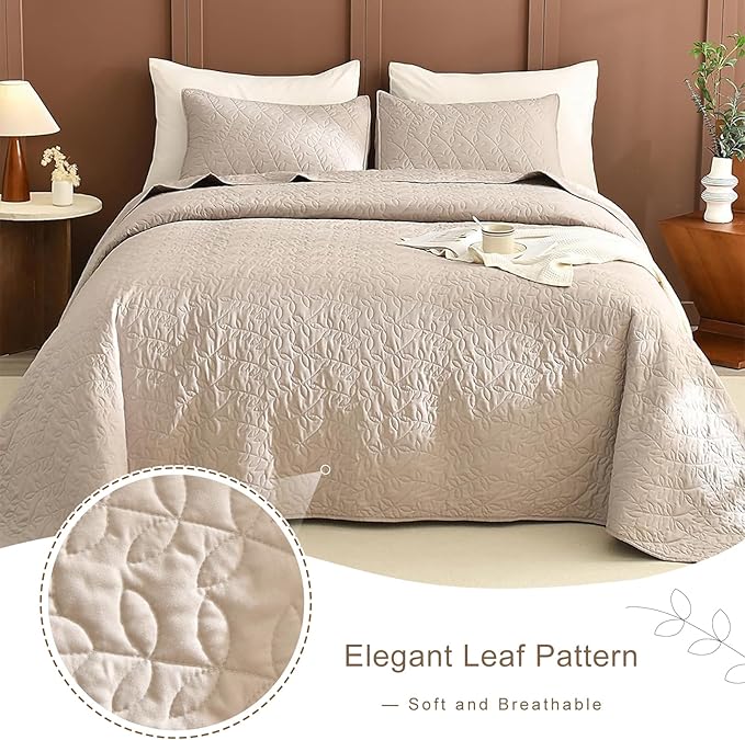 Lady Ann Oversized King Bedspreads 128x120, Extra Large 3 Pieces Leaves Print Summer Oversized Quilts Coverlet for King Bed Linen Feel Ultra Soft Lightweight and Thin Bedspreads & Coverlets Bed Set