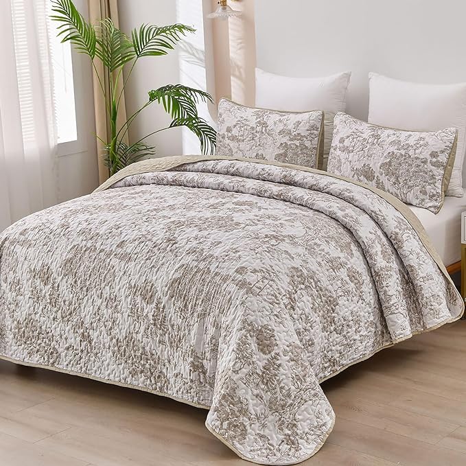 WONGS BEDDING Botanical Quilt Set Full Size, 3 Pieces Khaki Toile Floral Plants Printed Bedspread Bedding Set Soft Lightweight Microfiber Coverlet Set for All Season (90"x78")