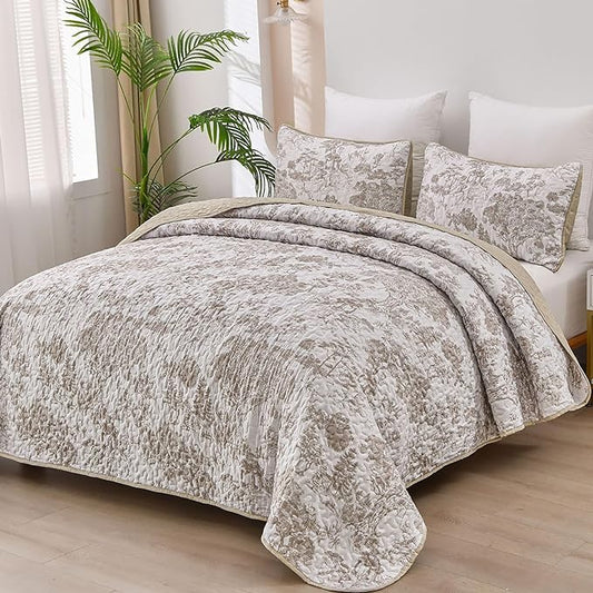 WONGS BEDDING Botanical Quilt Set Full Size, 3 Pieces Khaki Toile Floral Plants Printed Bedspread Bedding Set Soft Lightweight Microfiber Coverlet Set for All Season (90"x78")