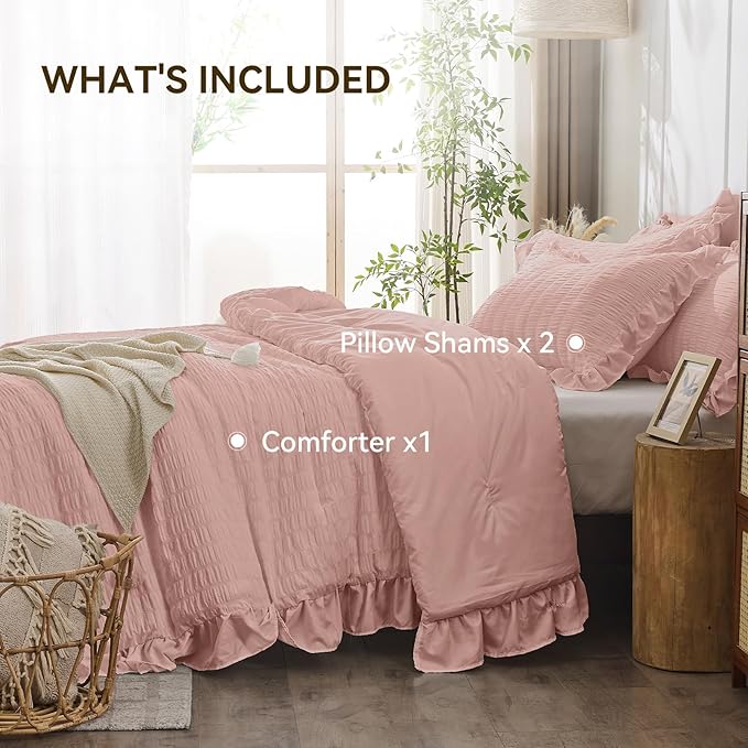 JOLLYVOGUE Queen Comforter Set, 3 Pieces Rose Gold Seersucker Comforters Queen Size, Lightweight & Fluffy Bedding Sets for All Season with 1 Ruffle Comforter and 2 Ruffle Pillowshams