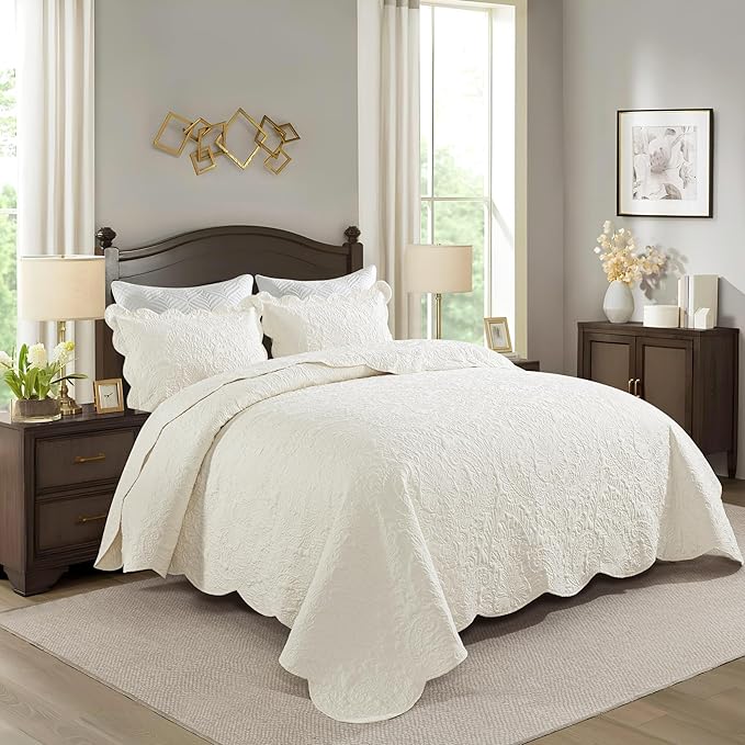 HoneiLife Quilt Sets King Size - Microfiber Bedspreads for King Bed, 3-Piece Lightweight Coverlets, Retro Bedlinen Sets, King Quilt Bedding Set All Season Use-Beige