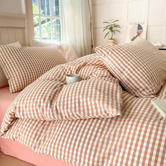 LifeTB Pink Gingham Duvet Cover Twin 3 Pieces Pink Plaid Duvet Cover 100% Washed Cotton Bedding Boho Coral Grid Comforter Cover Farmhouse Checkered Gingham Bedding Set with 2 Pillowcases