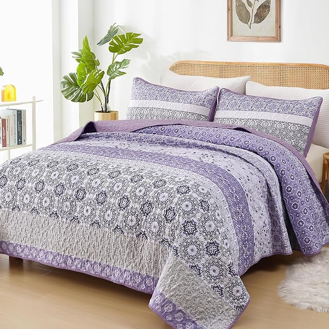 WONGS BEDDING Boho Quilt Set Queen Size,Lavender Purple Bohemian Striped Patchwork Bedspread Set,3 Pieces Microfiber Bedding Set for All Seasons (96"x90")