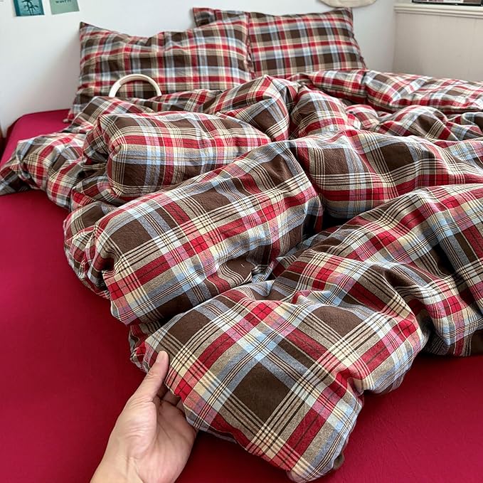 Vintage Red Brown Buffalo Plaid Duvet Cover Twin XL Comfy Soft 3 Piece Washed Cotton Grid Bedding Set Farmhouse Checkered Pattern Comforter Cover Breathable Gingham Duvet Cover with 2 Pillowcases