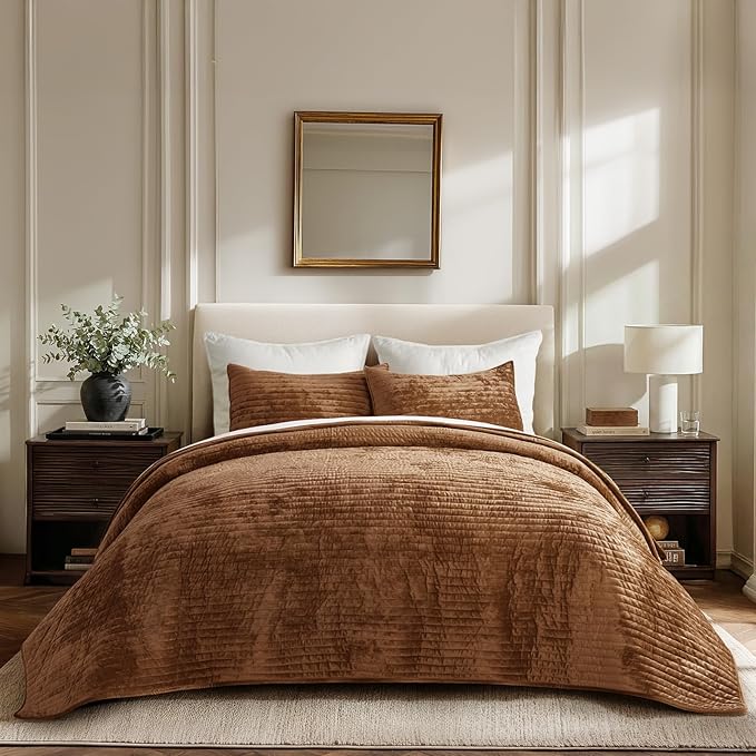 EVERGRACE Velvet Quilt Set California King 118'' x 106'', Luxurious Soft Striped Channel Bedding Set, Lightweight Velvet Comforter for All Season, Oversized Bedspread Coverlet w/ 2 Shams, Dark Brown