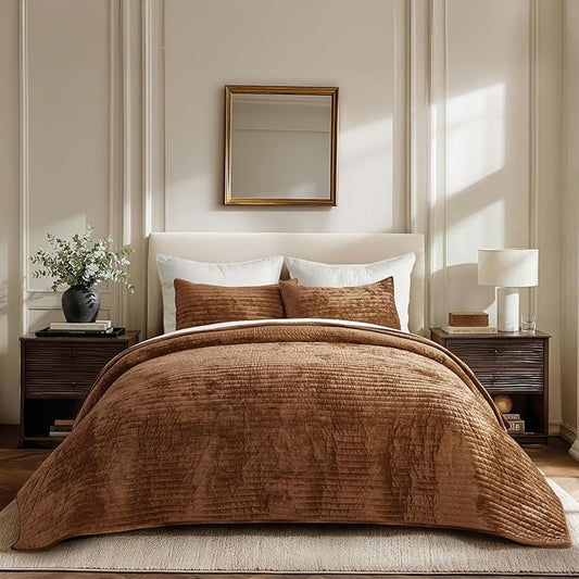 EVERGRACE Velvet Quilt Set California King 118'' x 106'', Luxurious Soft Striped Channel Bedding Set, Lightweight Velvet Comforter for All Season, Oversized Bedspread Coverlet w/ 2 Shams, Dark Brown