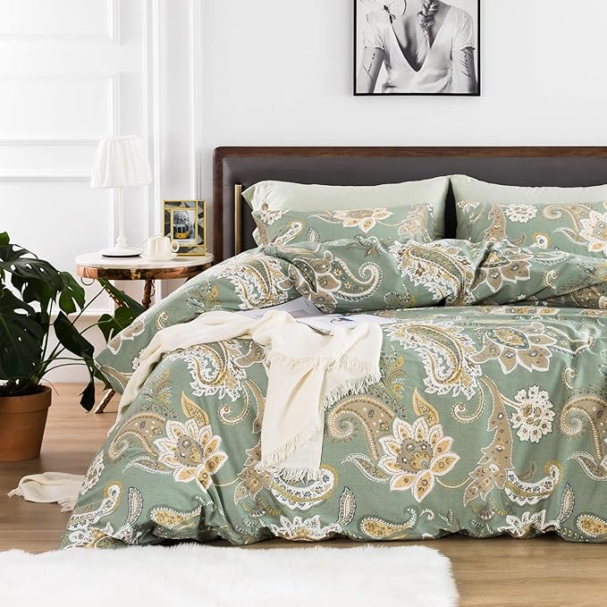 YuHeGuoJi Green Paisley Duvet Cover Queen 100% Cotton 3 Pcs Set 1 Vintage Bohemian Floral Duvet Cover with Zipper Ties 2 Pillowcases Sage Green Boho Damask Bedding Set Soft