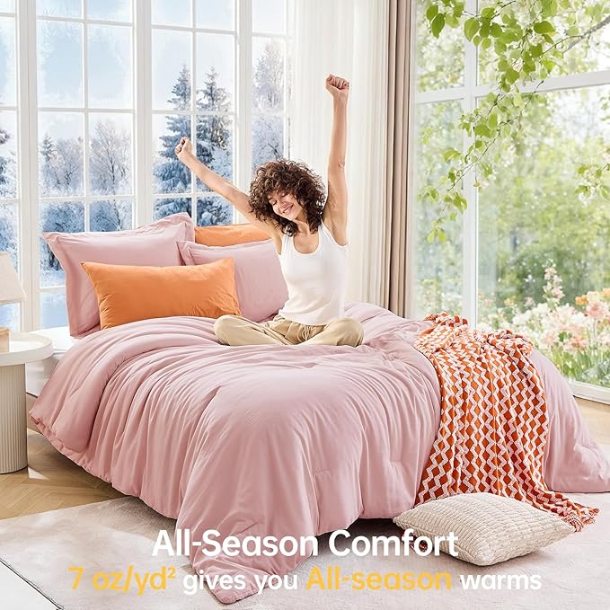 MUXHOMO Full Comforter Sets, All Season Ultra Soft Down Alternative Bedding - 3 Piece Lightweight Bed Set Includes 1 Comforter (82"x86") and 2 Pillow Shams (20"x26"), Rose Gold