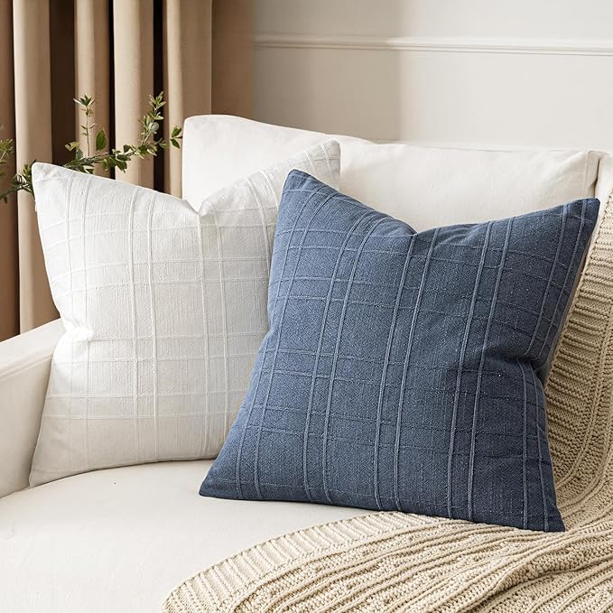 MIULEE Decorative Linen Check Throw Pillow Covers Neutral Farmhouse Vintage Pillow Covers 20x20 Set of 2 Boho Modern Home Decor for Sofa Couch Bedroom Cushion Blue