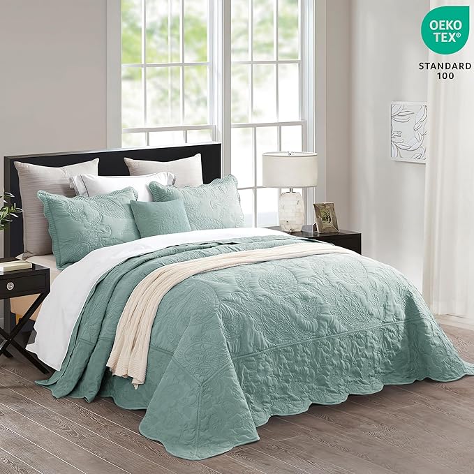 HZ & HY Queen Size Bedspread, Quilted Coverlet Bedding Set, Lightweight Thin Comforter, Reversible, Luxurious, 5 Piece, 100% Microfiber, Queen, Aqua Sky