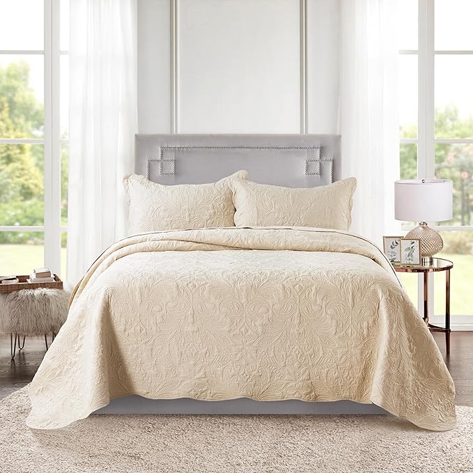 HoneiLife Quilt Set Queen Size - 3 Piece Embroidered Microfiber Bedspread Reversible Coverlet Lightweight Bedcover Paisley Pattern Bedding Set All Season Quilts-Khaki