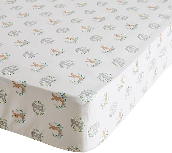 Levtex Baby - Woodland Pals Crib Bed Set - Baby Nursery Set - Cream Taupe Brown Green - Woodland Friends - 5 Piece Set Includes Quilt, One Fitted Sheet, Wall Decal, Skirt/Dust Ruffle & Basket