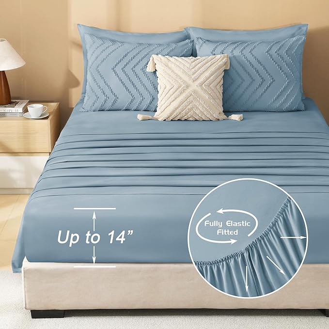 Litanika Grayish Blue Full Size Comforter Set with Sheets - 7 Pieces Bed in a Bag Full Chevron Tufted Complete Bedding Sets with Comforter, Sheets, Pillowcases & Shams