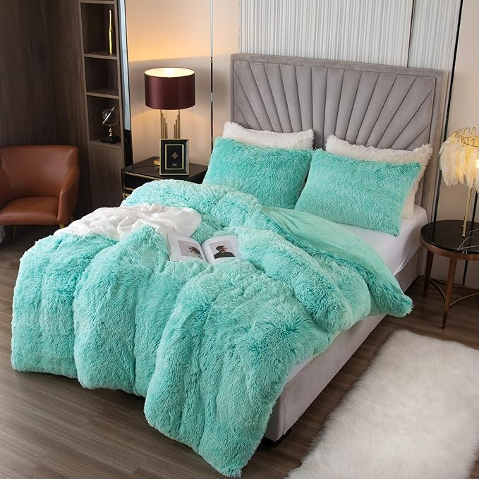 EMME Faux Fur Duvet Cover Queen Size, 3 Pieces Ultra Soft Fluffy Comforter Cover, Cozy Warm for Winter, Luxury Elegant Shaggy Bedding, 1 Duvet Cover & 2 Pillow Shams (Queen, Aqua)