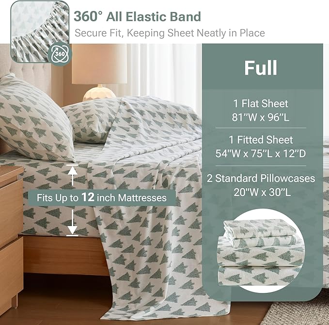 True North by Sleep Philosophy Cotton Sheet Set Cozy Print 100% Cotton Flannel Sheets Bedding Set, Oversized Sheets, Deep Pocket Fits Up to 12" Mattress Full Bed Sheets Full Ikat Tree 4 Piece