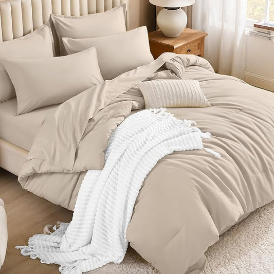 Litanika Comforter King Size Set Khaki - 7 Pieces Bed in a Bag King Bedding Comforter Sets, Plain Lightweight Bed Set with Comforter, Sheets, Pillowcases & Shams