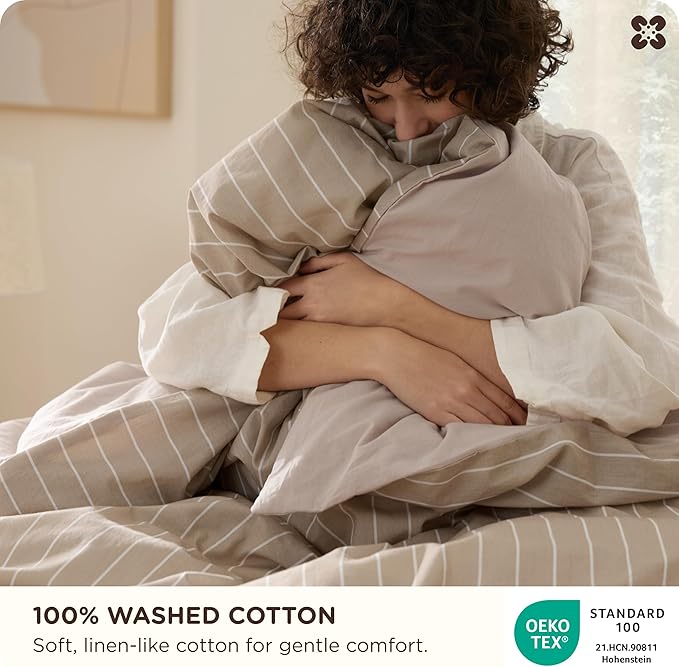 Bedsure Striped Duvet Cover King Size,100% Washed Cotton Duvet Cover Linen Like Textured, Classic Striped Pattern Enhances Bedroom Comfort and Style, Stripes Tan/White, 104"x90"