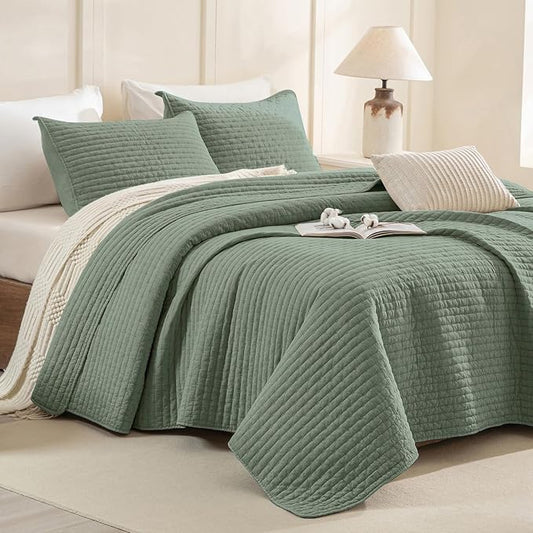CozyTide Oversized King Quilt 128"x120",Stone-Washed Cotton Olive Green Oversized King Bedspread,Soft Lightweight Extra Large Bedspread & Coverlet Sets Farmhouse Boho Quilt Bedding Set 3 Pieces