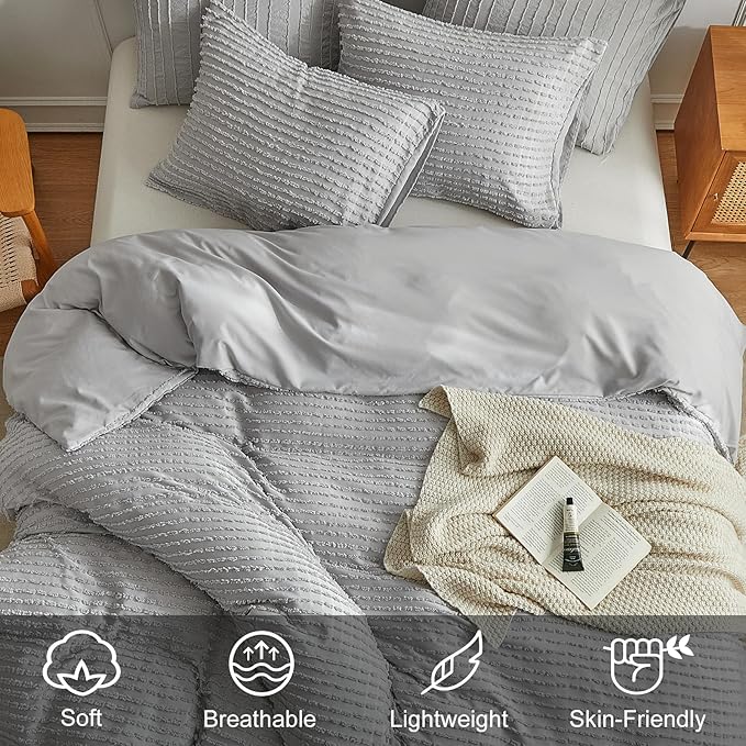 WARMDERN Boho Duvet Cover Set King Size,Grey Striped Duvet Cover Microfiber Bedding Set,3PCS Ultra Soft Breathable Lightweight Tuft Texture Pattern Duvet Covers with Zipper Closure(Grey,King)
