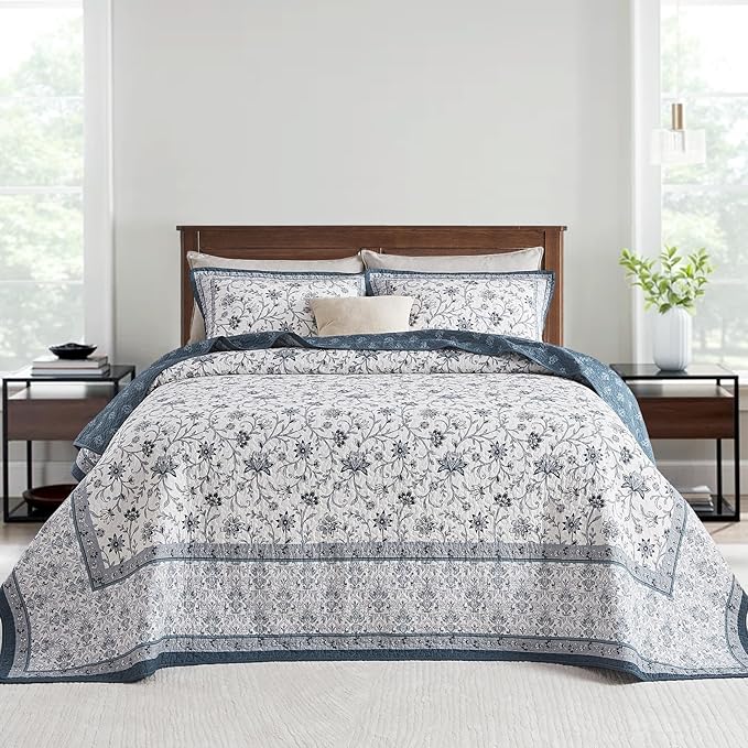 Oversized King Bedspreads 120"x120" - 100% Cotton California King Quilt, Farmhouse Blue Floral Pattern, Extra Large Quilted Coverlet, Lightweight Reversible XL Bedding Set, 3 Pcs